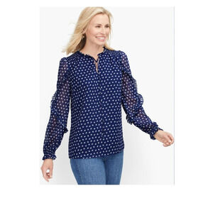 Talbots Womens Top Size X Smocked Shoulder Tie Neck Blue Floral Long Sleeve
